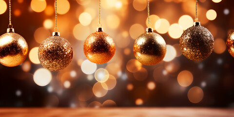Fondo de Navidad con bolas navideñas colgantes con desenfoque bokeh. - obrazy, fototapety, plakaty