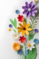 Paper cut spring flowers with copy space on a white paper background. Generative AI