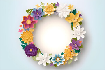 Paper cut spring flowers round frame with copy space, illustration,  Generative AI.
