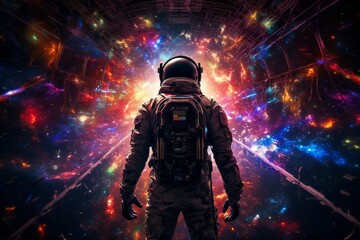 Fototapeta premium An astronaut, garbed in a spacesuit and viewed from behind, floats contemplatively inside a spacecraft, observing the enigmatic beauty of distant galaxies, immersing into cosmic wonder.
