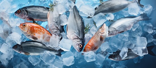 Fresh fish and seafood topped with ice in store and seen from above