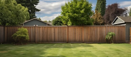 Shed in empty fenced yard with green grass in the northwest of the USA