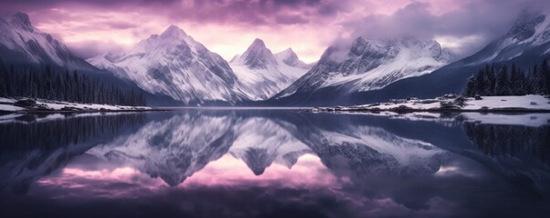 Snow morning at mountain lake. Snowy mountains, blue sea, reflection in water and purple sky at...