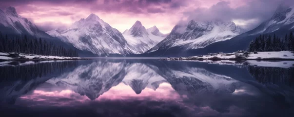 Fotobehang Noord-Europa Snow morning at mountain lake. Snowy mountains, blue sea, reflection in water and purple sky at colorful sunset. Ideal resting place. Beauty of nature concept background