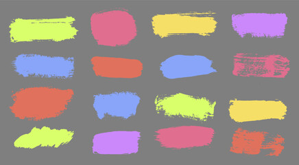 Collection of colorful distress brushes. Colored stripes are drawn with markers. Stylish elements for design. Brush marker strokes bright color. Colorful watercolor hand drawn highlight. Vector.