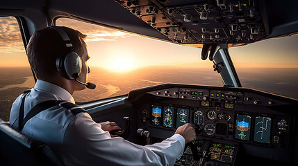 pilot in cockpit at sunset
