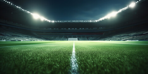 Soccer stadium at night with perfect lawn and floodlights lighting - theme soccer, world cup and sports - 658189378