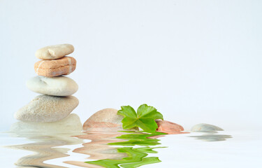 spa stones with green leaf on white background, meditation,harmony,yoga wellness concept,free copy space - 658189903