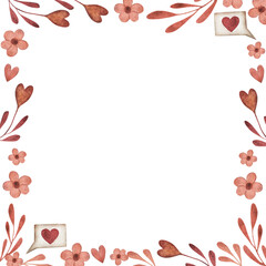 Square frame. Watercolor illustration. Template for cards, posters, paper for Valentine's Day