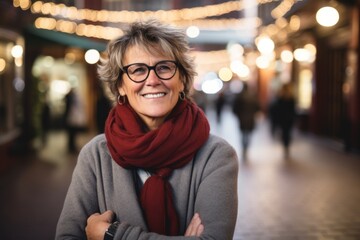 Portrait of happy mature woman in scarf and glasses at Christmas time
