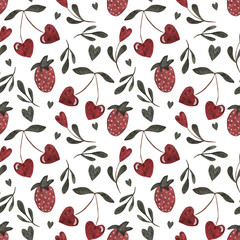 Cherry hearts, twigs, strawberries. Watercolor seamless background. Template for textile, posters, paper for Valentine's Day