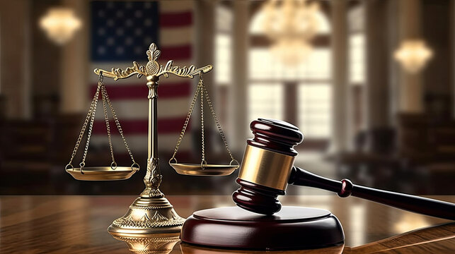 scales of justice and gavel with american flag background
