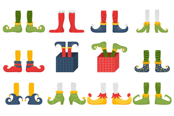 Collection of cute elves legs, boots, socks. Santa helpers shoes and pants with gifts, presents. Christmas gnome bundle. Vector. Christmas elf feet and legs set, decoration for celebration.
