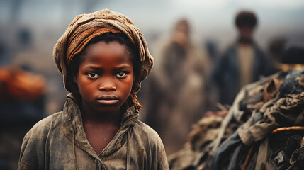 Evocative child carrying firewood through African battlefield, illustrating strength amid adversity. - obrazy, fototapety, plakaty