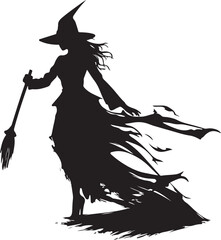 Witch character flying on a broomstick silhouette vector mythical character for Halloween Magic female in witch hat Terrifying sticker illustration 