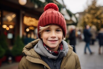 Portrait of a cute little boy in a red hat on the background of the Christmas market.