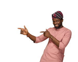 portrait of attractive, cheerful African American demonstrating copy space ad new isolated over brown colour background wearing African clothing and cap, Winning Concept 