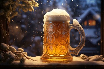 A mug of beer in a snowy evening with a fantasy touch. Generative AI