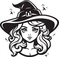 Witch character silhouette vector mythical character for Halloween Magic female in witch hat Terrifying sticker illustration 
