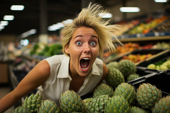Surprising young woman captivated by artichoke in supermarket.