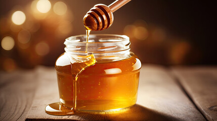 jar of honey and wooden spoon - obrazy, fototapety, plakaty