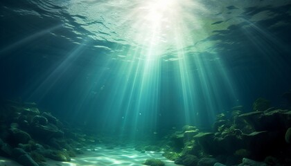 Fototapeta na wymiar Underwater Sunrays: A Captivating Green Ocean with Sunlight Beams