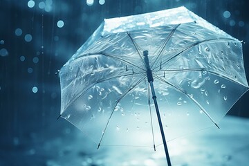 Transparent umbrella under downpour with water drops splashing in the background. Depicting rainy weather. Generative AI