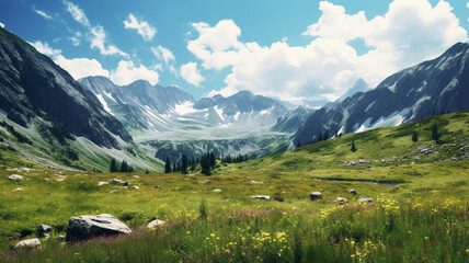 Fototapeta na wymiar Landscape illustration of alps mountains. Created with Generative AI
