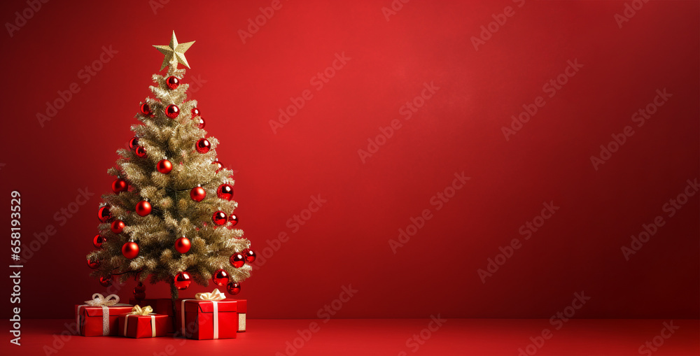 Wall mural illustration of christmas tree on red background created with generative ai