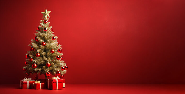 illustration of christmas tree on red background Created with Generative AI