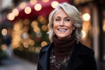 Portrait of a beautiful mature woman on a street at Christmas time