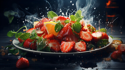 Dive into the exciting realm of Asian cuisine photography with dynamic splashes. Picture flying chunks of strawberry and banana, adorned with weed trichomes as unique toppings. Generative AI - obrazy, fototapety, plakaty
