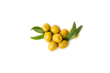 Delicious green olives isolated on white background. Olive and olive tree branches on a white...