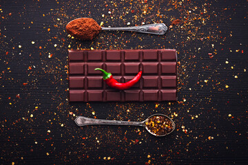 Dark chocolate bar, red hot chilli pepper cayenne,  dry hot chili spices, cocoa beans nibs powder, food tasty design on black wooden background - obrazy, fototapety, plakaty
