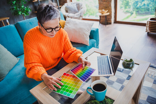 Photo of happy creative elderly lady wear orange pullover choosing colors palette modern device indoors apartment room