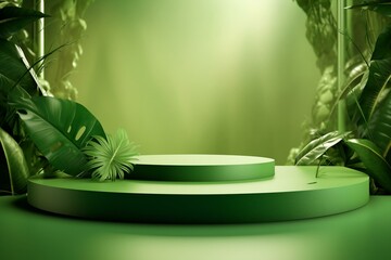 3D-rendered green podium with naturel background showcasing a product. Generative AI