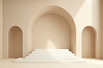 Simplistic indoor space featuring an arch, stairs, and neutral background, ideal for displaying merchandise. Generative AI
