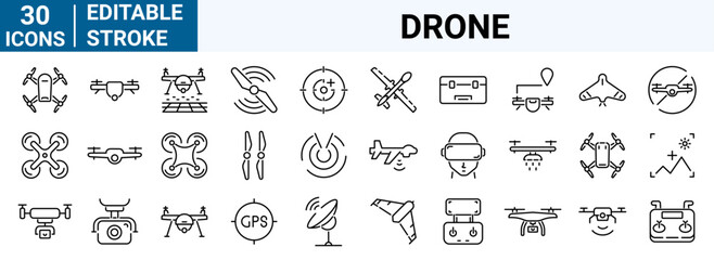 Drone, Quadrocopter line icons set. Fast delivery, remote control, propeller, city map navigation, action camera, radar screen, radio antenna. Collection of Outline Icons. Vector illustration.