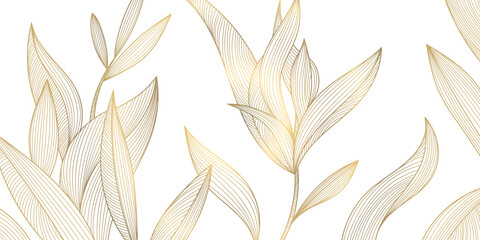 Vector art deco luxury leaves line pattern, golden background. Hand drawn florals for packaging, social media post, cover, banner, creative post and wall arts. Japanese style - obrazy, fototapety, plakaty