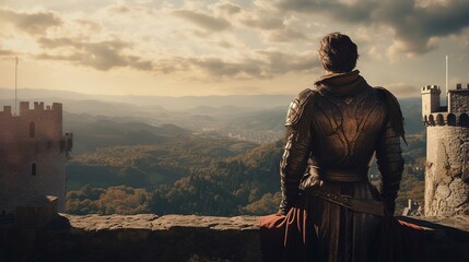 A figure, clad in medieval armor, stands atop a castle tower, gazing out over a vast, sprawling kingdom beneath them, embodying a timeless vista of regality and historical adventure. - obrazy, fototapety, plakaty
