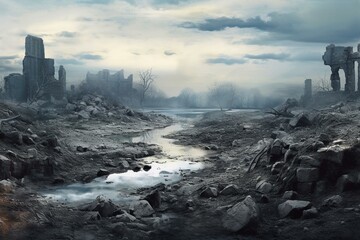 Ruined landscape in bleak destroyed world. Generative AI - obrazy, fototapety, plakaty