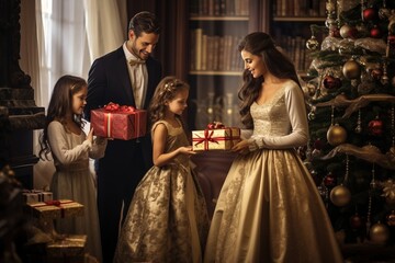 Merry Christmas and Happy Holidays! Exchange Christmas gift boxes inside the house decorated with lighted Christmas trees and gift boxes for the family on Christmas Eve.