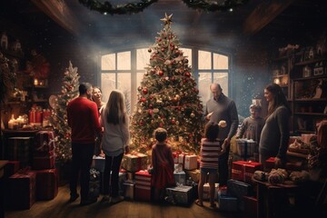 Merry Christmas and Happy Holidays! Exchange Christmas gift boxes inside the house decorated with lighted Christmas trees and gift boxes for the family on Christmas Eve.