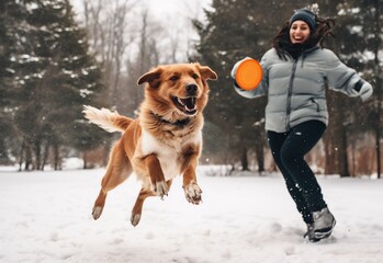 a dog playing frisbee with a woman in the snow - obrazy, fototapety, plakaty