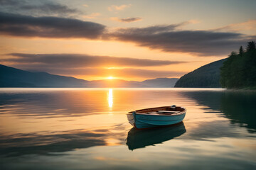A boat drifts lazily through the water ,sun sets over the lake.