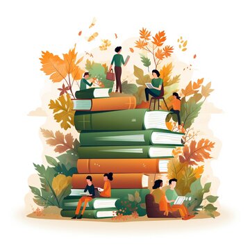 recommend clip art: a stack of books with people sitting and reading on them