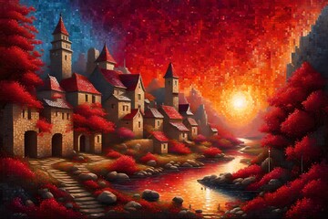 a fairy tale house with red roofs and golden sun and rain of red mist - obrazy, fototapety, plakaty