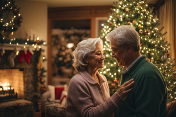 A mature senior couple lovingly decorates their christmas tree together