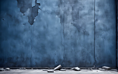Old blue wall with floor background. Concrete old blue wall. Generative AI
