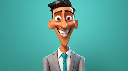 3D Cartoon of a businessman or sales person for virtual reality avatar, against teal background